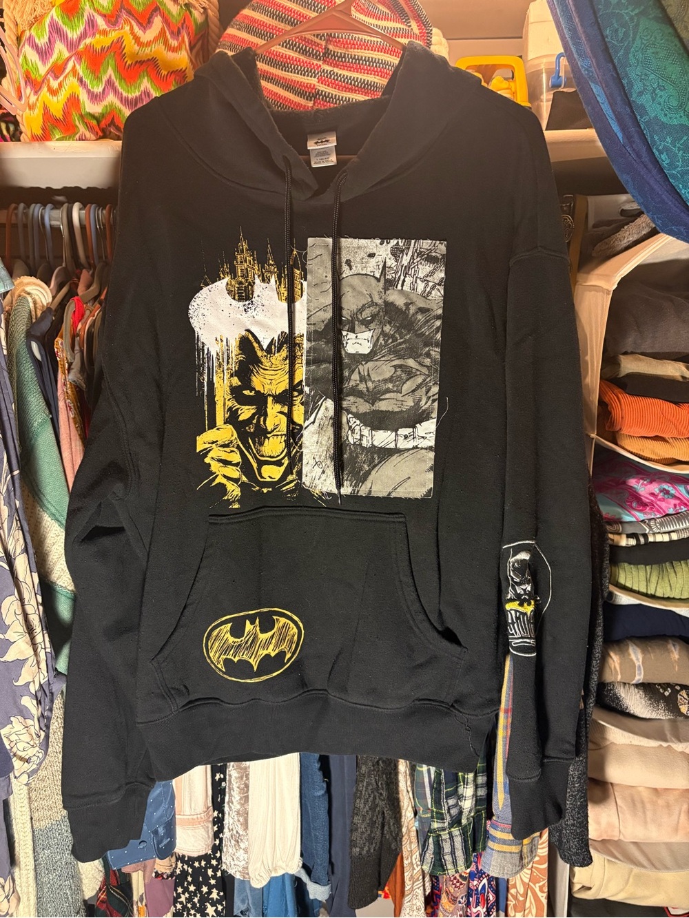 DC Black Hoodie with Yellow & Gray Batman and Joker Graphics